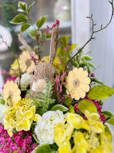 Load image into Gallery viewer, Sisal Bunny Easter Floral Arrangement | Spring Centerpiece with Yellow &amp; Pink Flowers