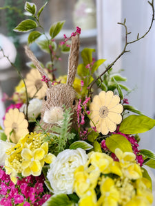 Sisal Bunny Easter Floral Arrangement | Spring Centerpiece with Yellow & Pink Flowers