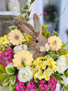 Sisal Bunny Easter Floral Arrangement | Spring Centerpiece with Yellow & Pink Flowers