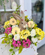 Load image into Gallery viewer, Sisal Bunny Easter Floral Arrangement | Spring Centerpiece with Yellow &amp; Pink Flowers