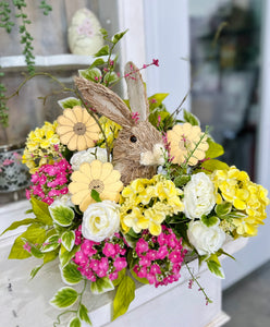 Sisal Bunny Easter Floral Arrangement | Spring Centerpiece with Yellow & Pink Flowers