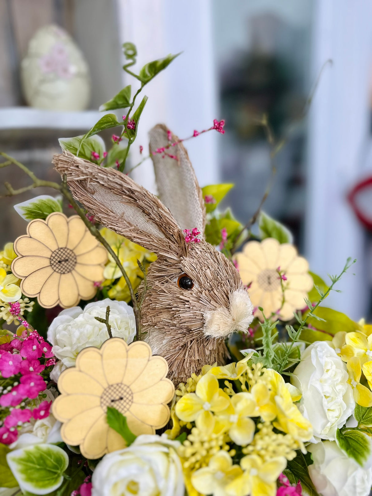 Sisal Bunny Easter Floral Arrangement | Spring Centerpiece with Yellow & Pink Flowers