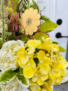 Sisal Bunny Easter Floral Arrangement | Spring Centerpiece with Yellow & Pink Flowers