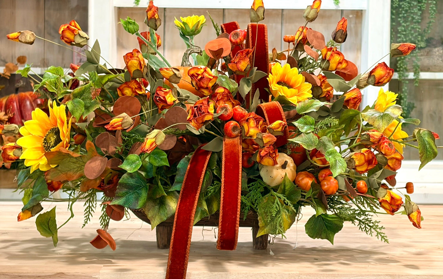 Fall Pumpkin and Sunflower Centerpiece on Wooden Pedestal Tray TCT Crafts
