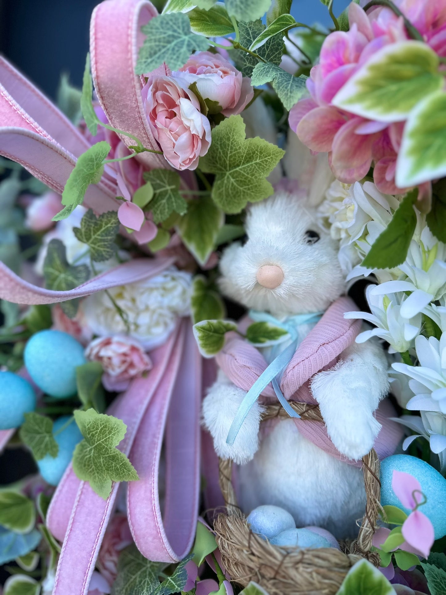 22" Easter Bunny Wreath | Spring Grapevine Wreath with Plush Bunny, Florals & Eggs