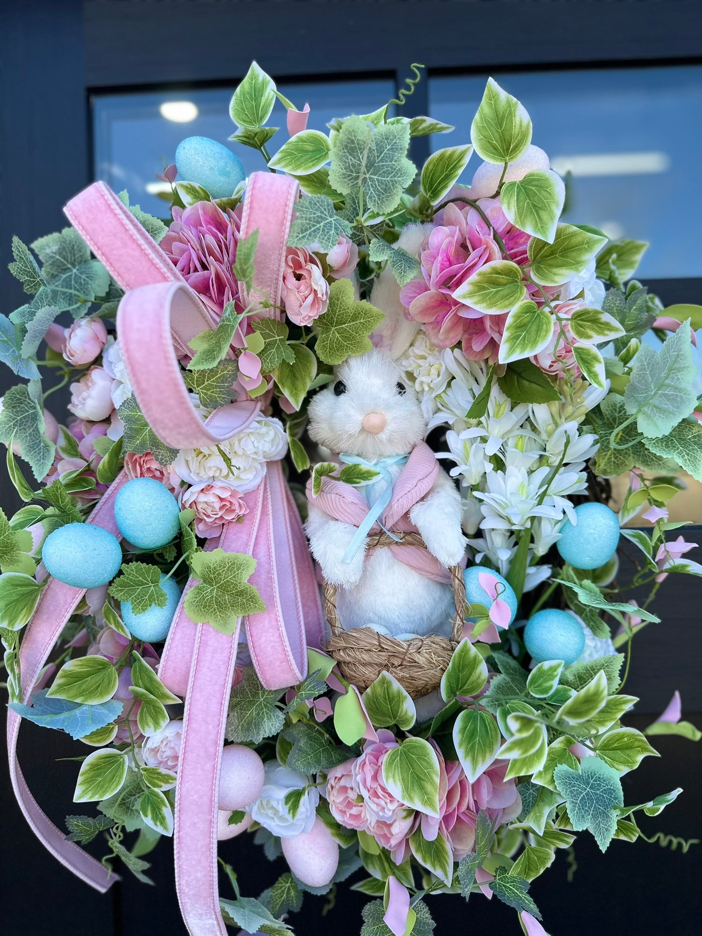 22" Easter Bunny Wreath | Spring Grapevine Wreath with Plush Bunny, Florals & Eggs