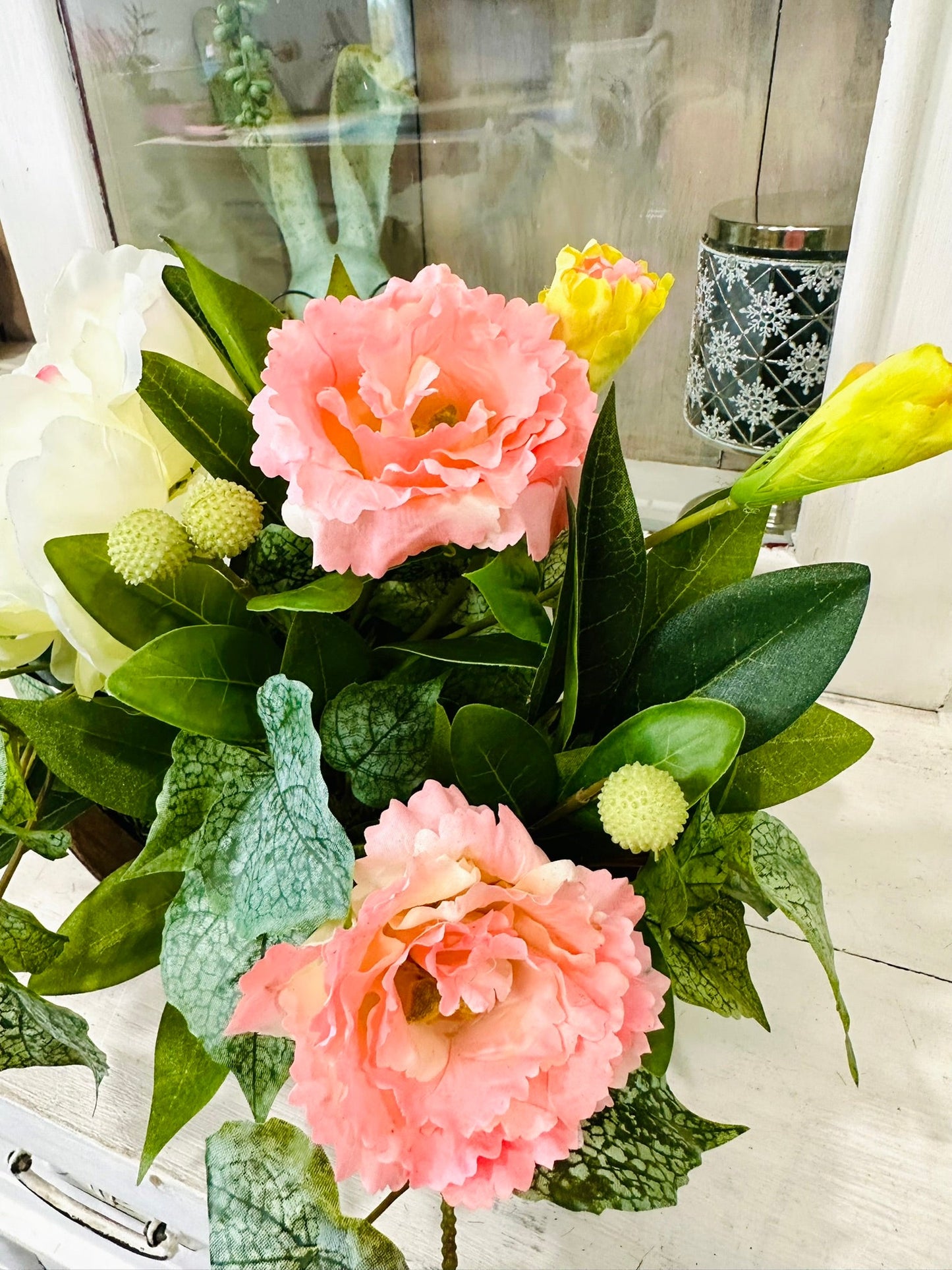 Small Spring Floral Arrangement in Wooden Dough Bowl TCT Crafts