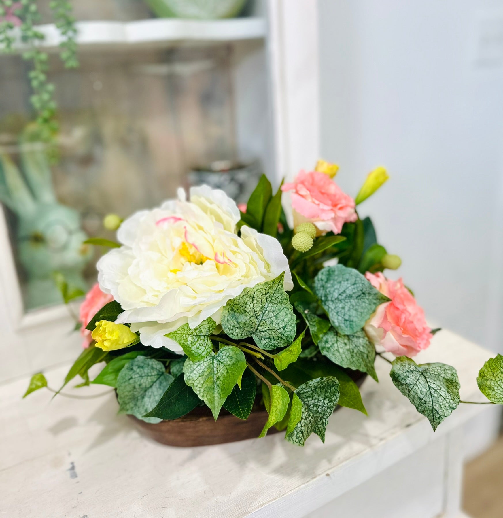 Small Spring Floral Arrangement in Wooden Dough Bowl TCT Crafts