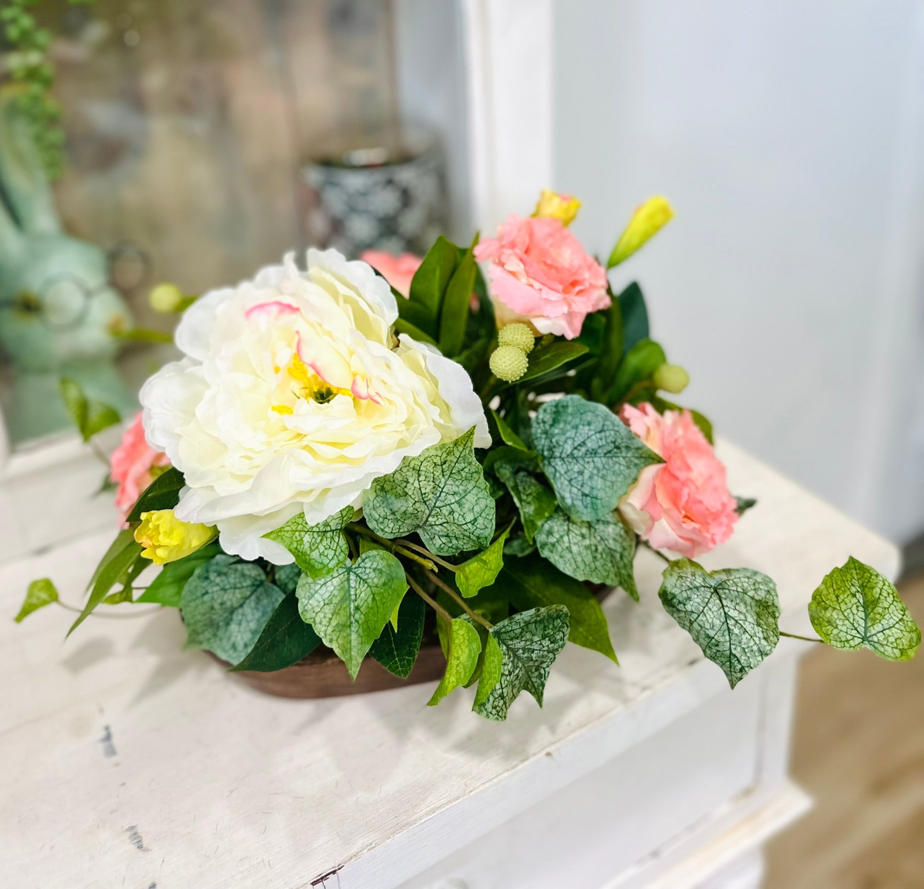 Small Spring Floral Arrangement in Wooden Dough Bowl TCT Crafts
