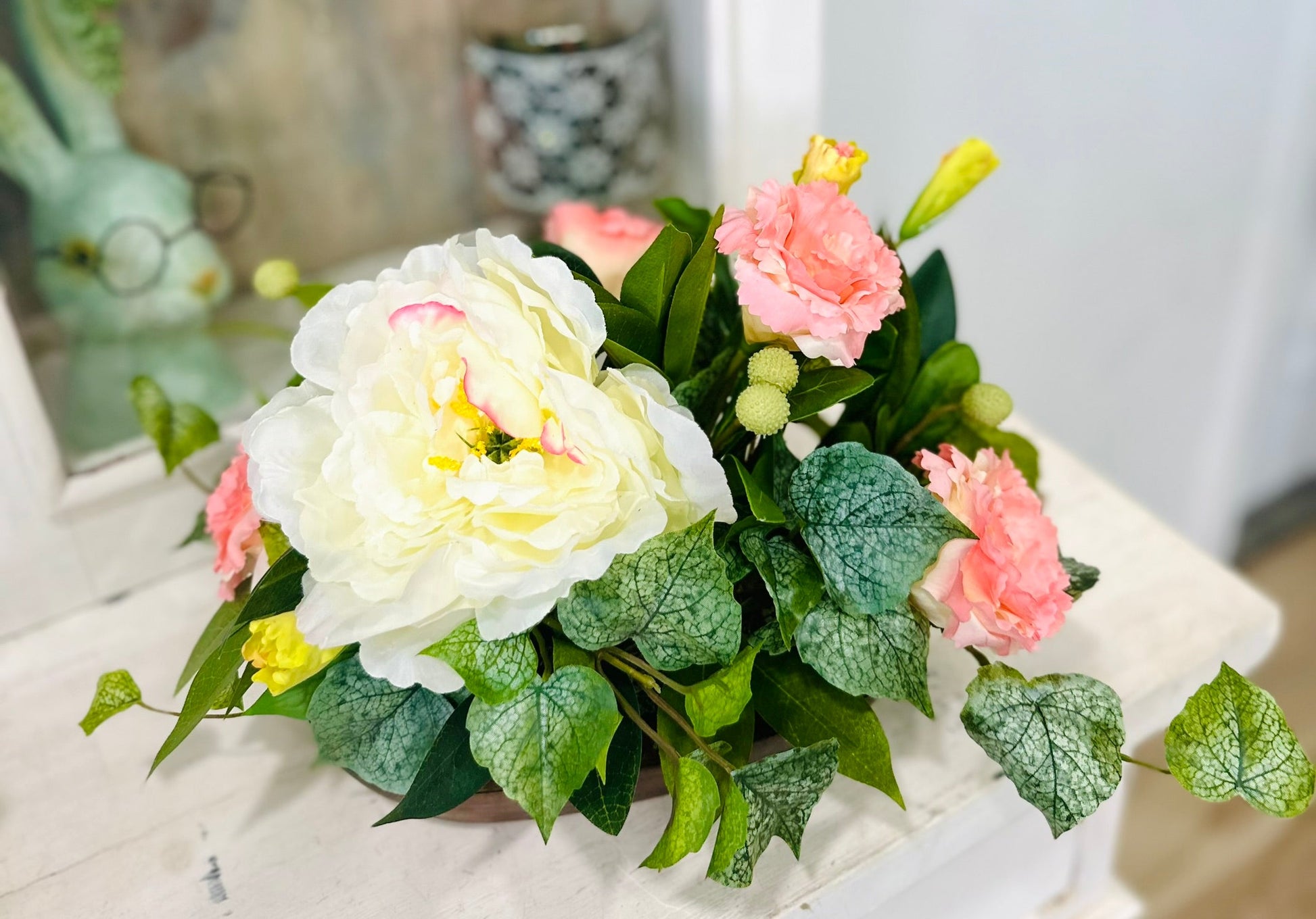 Small Spring Floral Arrangement in Wooden Dough Bowl TCT Crafts