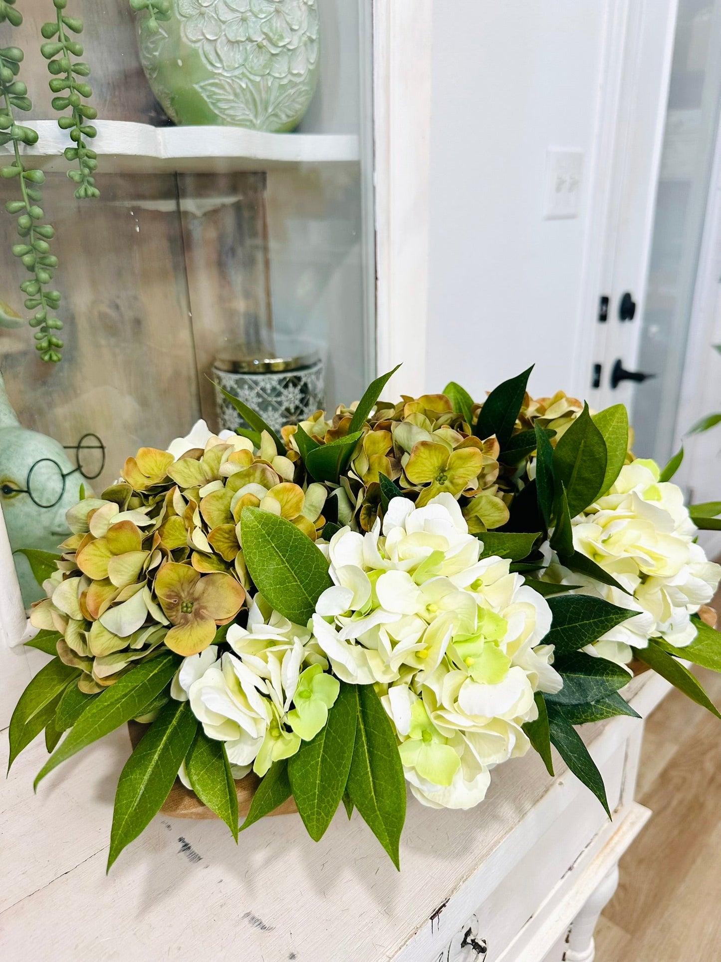 Everyday Hydrangea Centerpiece in Wooden Dough Bowl TCT Crafts