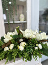 Load image into Gallery viewer, Magnolia &amp; Peony Floral Centerpiece | Faux Flowers in Rustic Dough Bowl