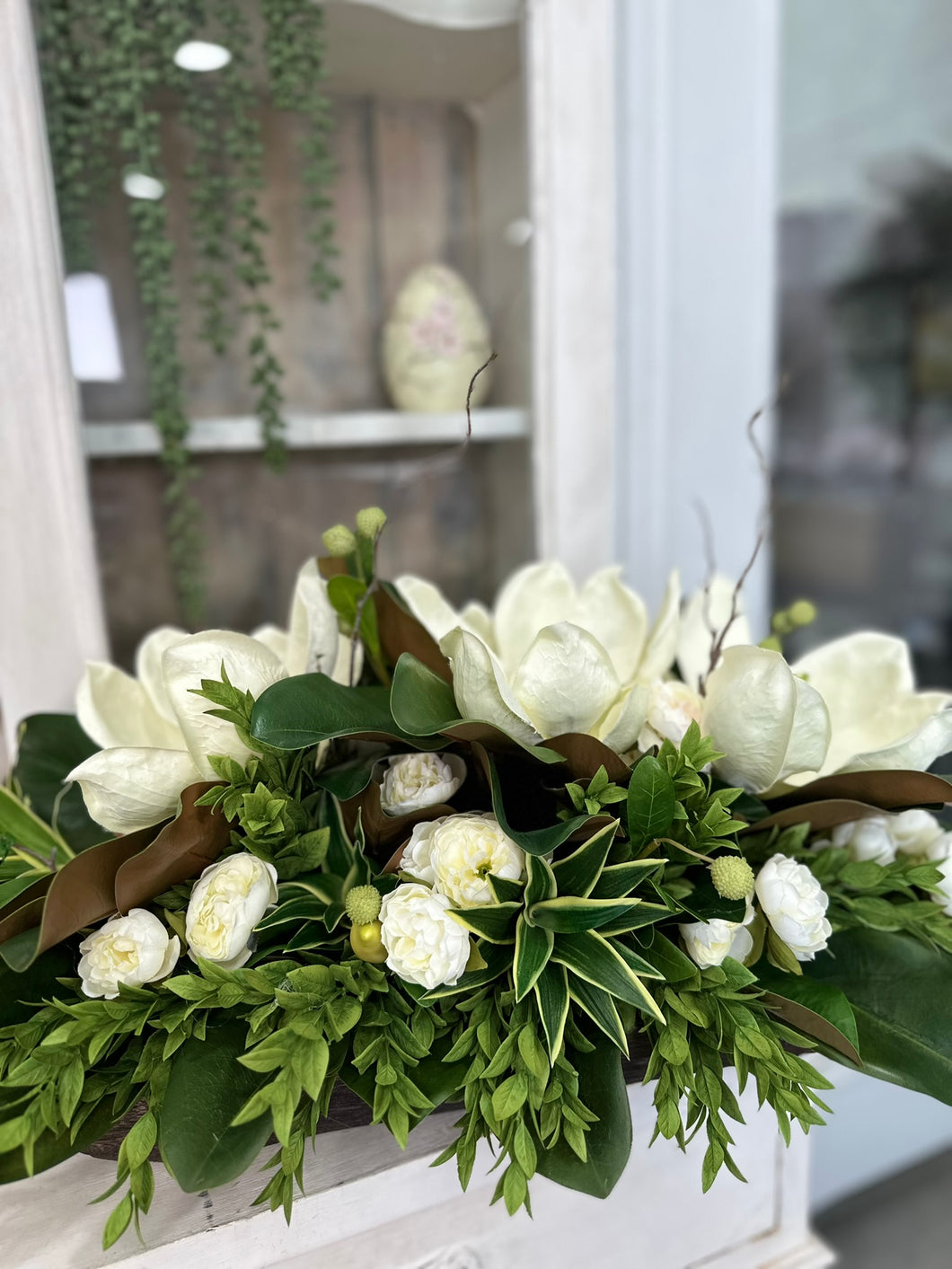 Magnolia & Peony Floral Centerpiece | Faux Flowers in Rustic Dough Bowl