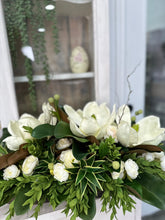 Load image into Gallery viewer, Magnolia &amp; Peony Floral Centerpiece | Faux Flowers in Rustic Dough Bowl