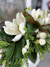 Load image into Gallery viewer, Magnolia &amp; Peony Floral Centerpiece | Faux Flowers in Rustic Dough Bowl