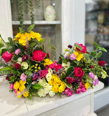 Asymmetrical Silk Spring Summer Floral Centerpiece – Faux Ranunculus, Roses & Hydrangea Arrangement