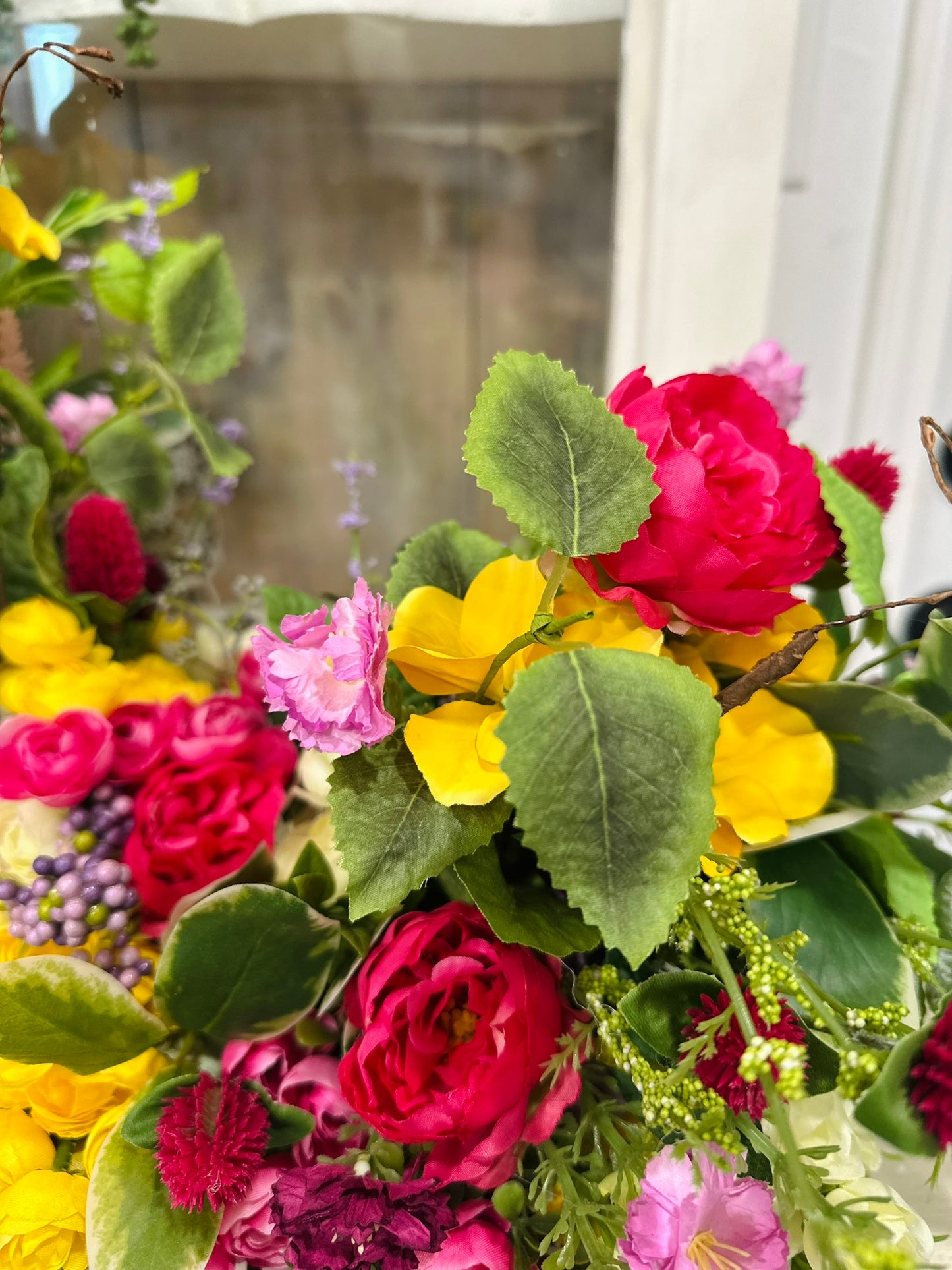 Asymmetrical Silk Spring Summer Floral Centerpiece – Faux Ranunculus, Roses & Hydrangea Arrangement