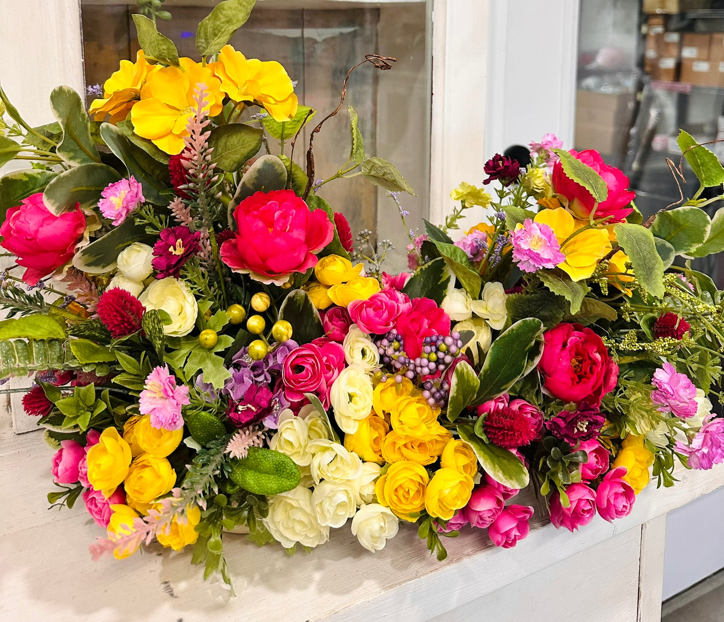 Asymmetrical Silk Spring Summer Floral Centerpiece – Faux Ranunculus, Roses & Hydrangea Arrangement