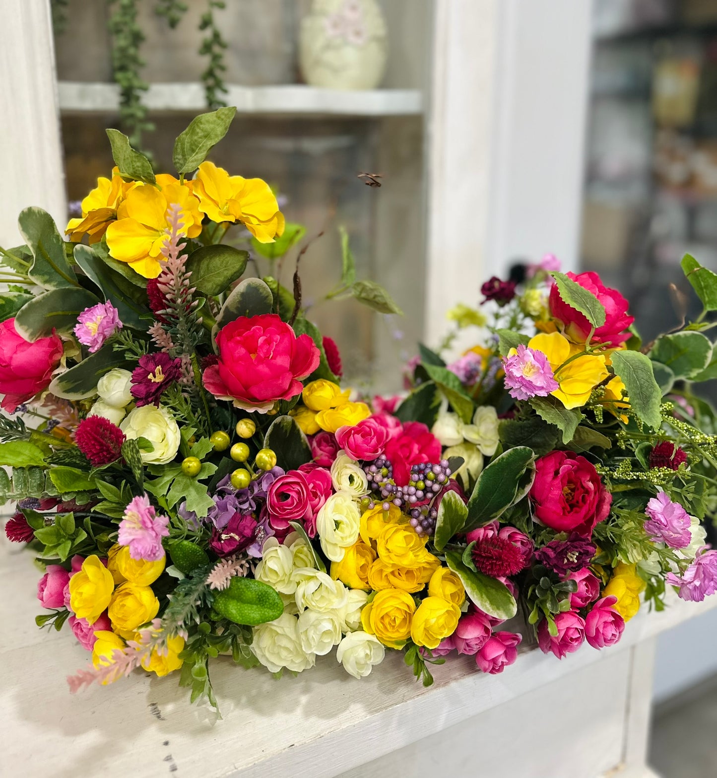 Asymmetrical Silk Spring Summer Floral Centerpiece – Faux Ranunculus, Roses & Hydrangea Arrangement