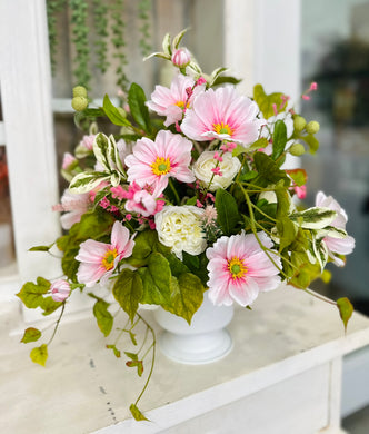 Pink Spring Silk Flower Arrangement with Cosmos & Cabbage Roses in White Urn – Easter & Mother’s Day Centerpiece