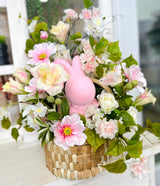 Pink Easter Basket Floral Centerpiece with Cherry Blossoms, Cosmos Flowers, Bunny and Roses – Spring Table Decor Arrangement