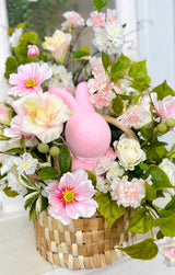 Pink Easter Basket Floral Centerpiece with Cherry Blossoms, Cosmos Flowers, Bunny and Roses – Spring Table Decor Arrangement