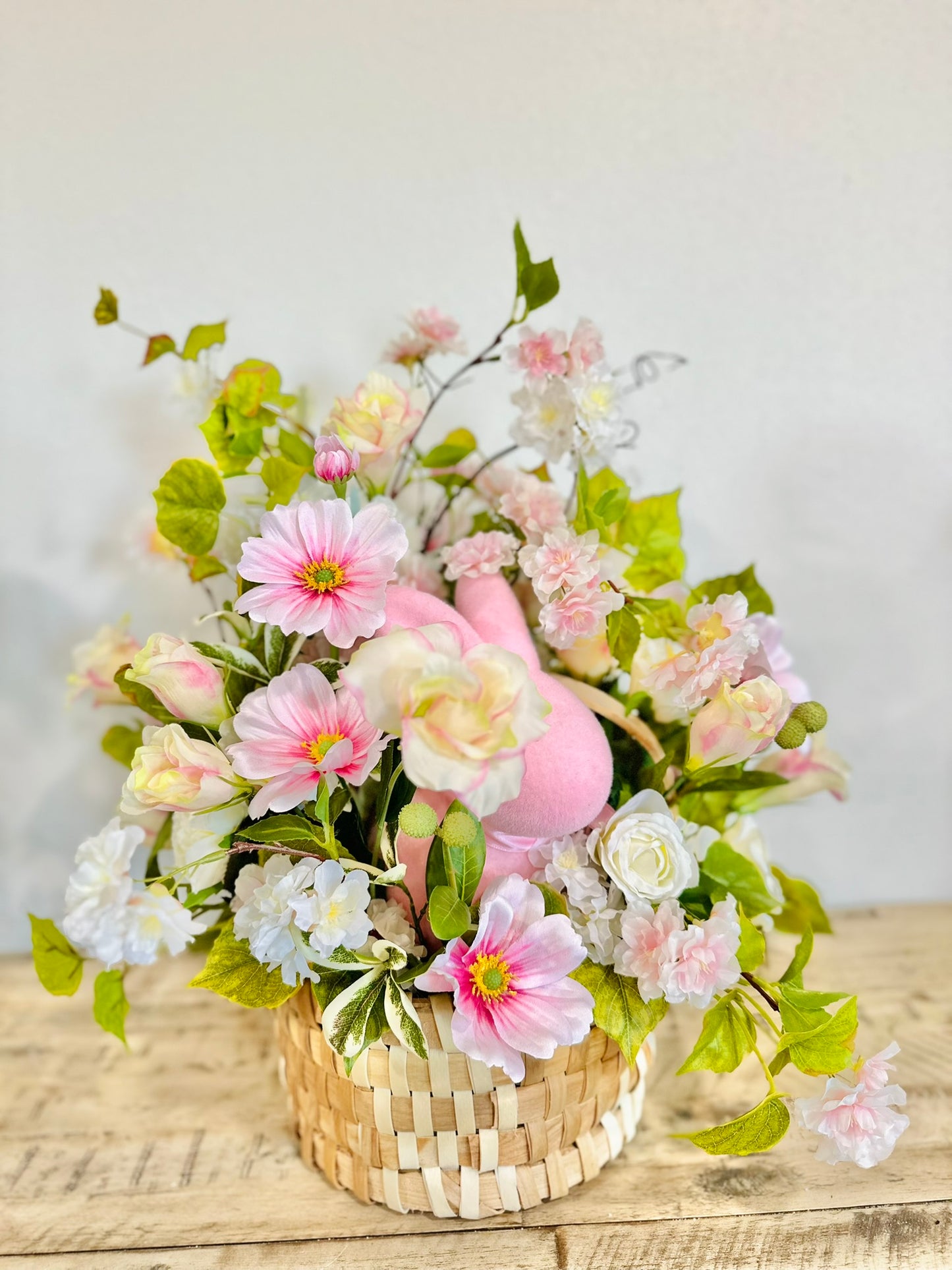Pink Easter Basket Floral Centerpiece with Cherry Blossoms, Cosmos Flowers, Bunny and Roses – Spring Table Decor Arrangement