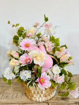 Pink Easter Basket Floral Centerpiece with Cherry Blossoms, Cosmos Flowers, Bunny and Roses – Spring Table Decor Arrangement