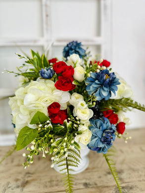 Patriotic Red White Blue Floral Centerpiece – Artificial Hydrangeas & Dahlias in White Urn | Fourth of July Decor