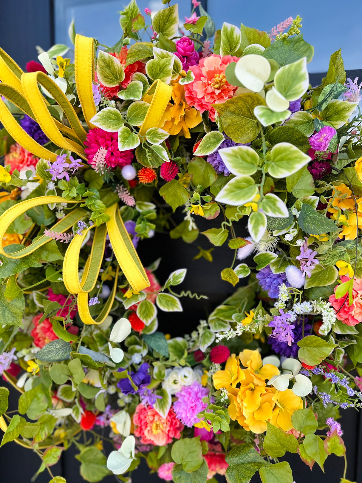 Extra Large Summer Floral Grapevine Wreath with Bright Wildflowers and Hydrangeas for Front Door or Office