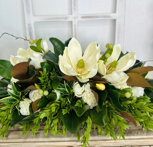 Magnolia & White Rose Floral Centerpiece | Faux Flowers in Rustic Dough Bowl