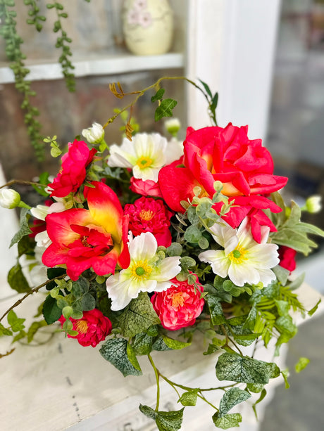 22x15 Faux Rose & Cosmos Arrangement – Silk Flower Centerpiece with Greenery