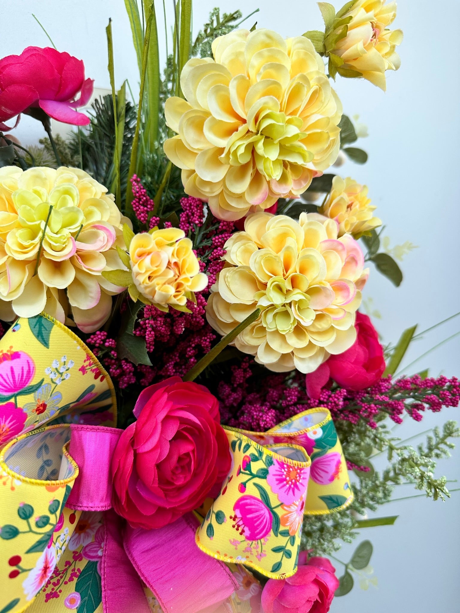 Pink and Yellow Floral Door Swag", Door Hanger with Berry Sprays, Pine Teardrop Base Door Swag, Artificial Greenery Decor-TCT1511 TCT Crafts
