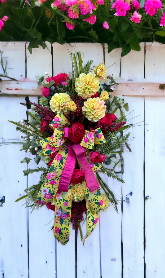 Pink and Yellow Floral Door Swag", Door Hanger with Berry Sprays, Pine Teardrop Base Door Swag, Artificial Greenery Decor-TCT1511 TCT Crafts