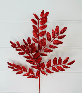 Bright Red Glitter Honey Locust Spray - Sparkly Floral Holiday Decoration-XS216924