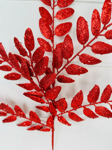 Bright Red Glitter Honey Locust Spray - Sparkly Floral Holiday Decoration-XS216924
