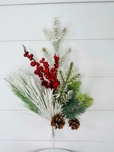 21" Snow Flocked Pine & Pinecone Pick with Red Berries - Festive Christmas Décor-XX1829