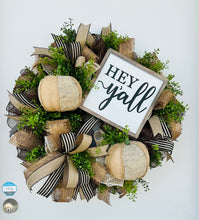 Load image into Gallery viewer, 26&quot; Neutral Fall Front Door Wreath with &#39;Hey Y&#39;all&#39; Sign, Burlap Foam Pumpkins, and Decorative Ribbons - Autumn Door Decor-TCT1666