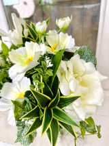 Small Faux Floral Arrangement with Cream Cosmos & Greenery in White Metal Planter