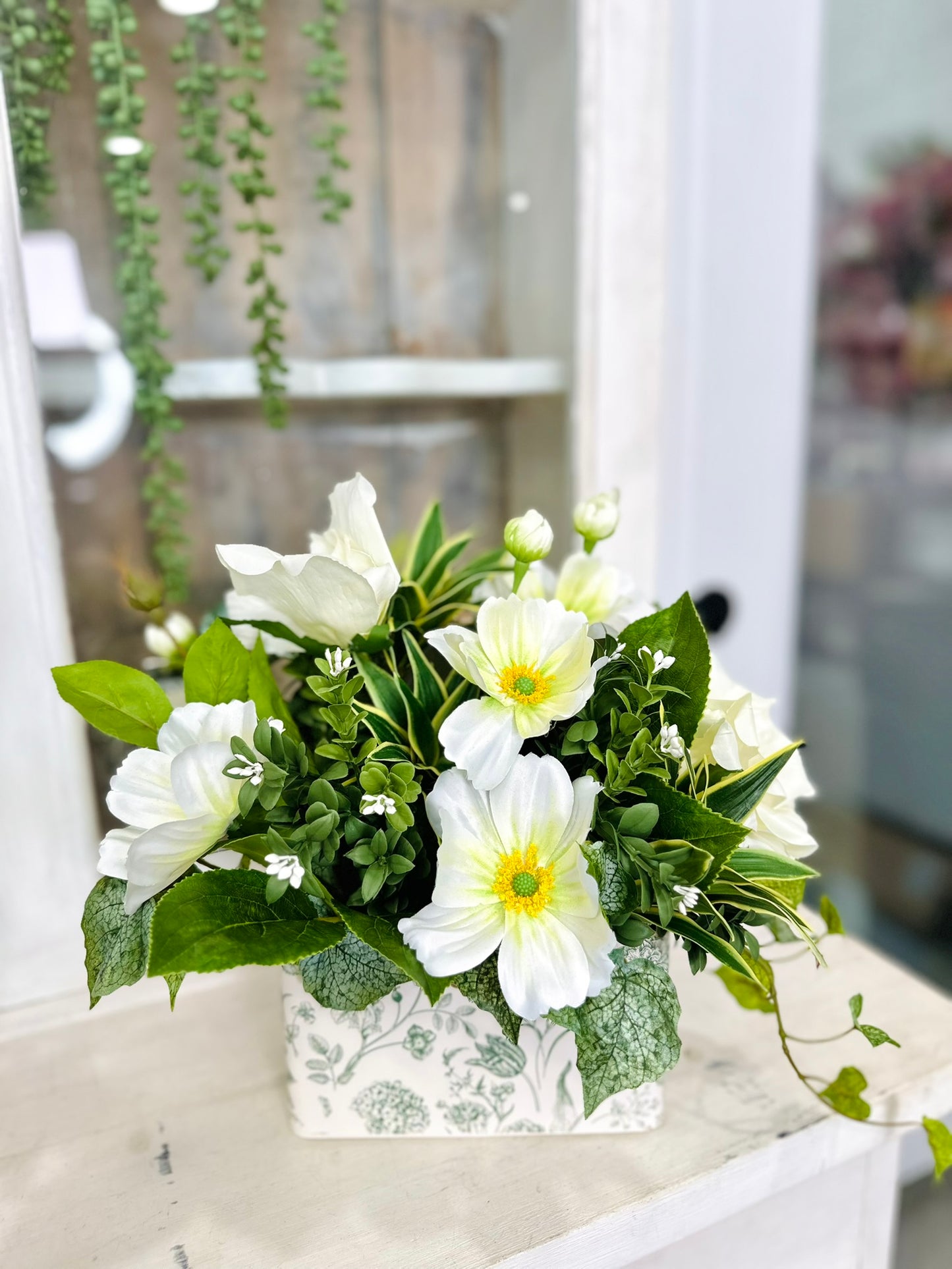 Small Faux Floral Arrangement with Cream Cosmos & Greenery in White Metal Planter