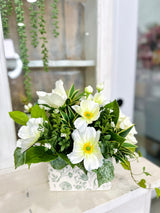 Small Faux Floral Arrangement with Cream Cosmos & Greenery in White Metal Planter