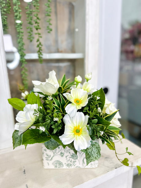 Small Faux Floral Arrangement with Cream Cosmos & Greenery in White Metal Planter