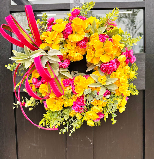 Bright Spring Summer Front Door Decor – Yellow & Pink Primrose Ranunculus Faux Floral Arrangement with Bow