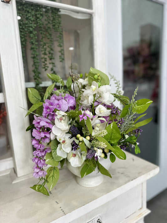 Purple and White Faux Floral Arrangement in Ceramic Vase – 18x16