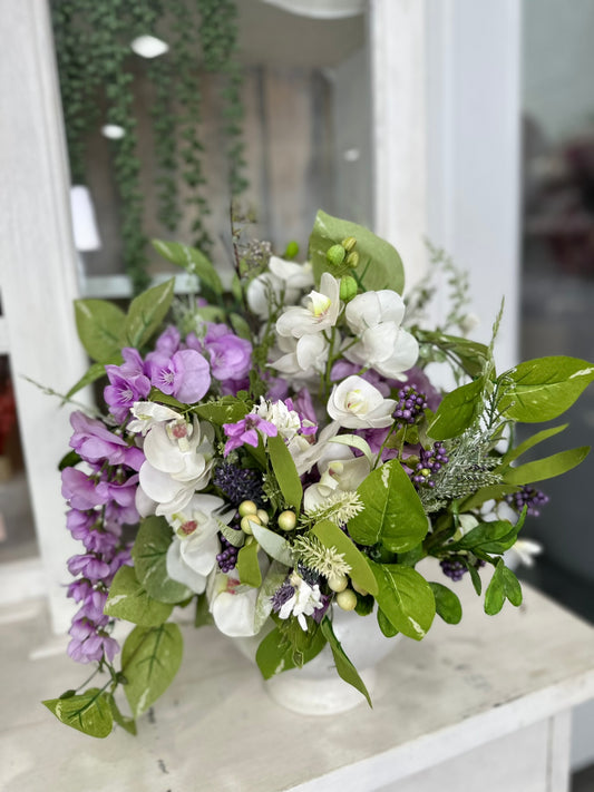 Purple and White Faux Floral Arrangement in Ceramic Vase – 18x16