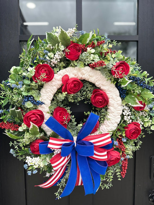 Elegant Patriotic Floral Wreath for Front Door-Red,White, & Blue Porch Decor (TCT1625) TCT Crafts