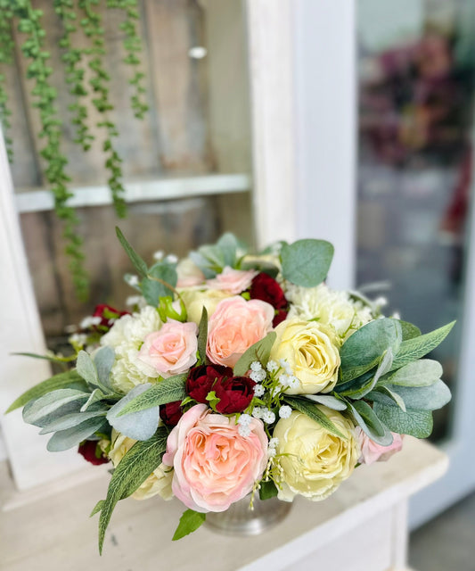 Romantic Blush and Cream Artificial Floral Centerpiece with Lamb's Ear – Wedding Table Decor or Event Arrangement TCT Crafts