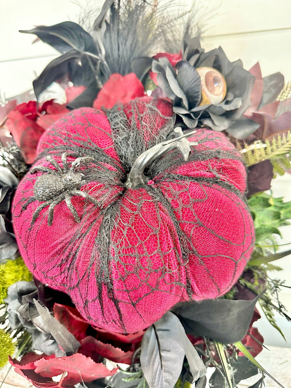 Spooky Glam Halloween Arrangement - Elegant Black Candlestick with Burgundy Foam Pumpkin and Halloween Florals-TCT1674 TCT Crafts