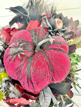 Spooky Glam Halloween Arrangement - Elegant Black Candlestick with Burgundy Foam Pumpkin and Halloween Florals-TCT1674 TCT Crafts