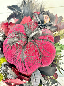 Spooky Glam Halloween Arrangement - Elegant Black Candlestick with Burgundy Foam Pumpkin and Halloween Florals-TCT1674